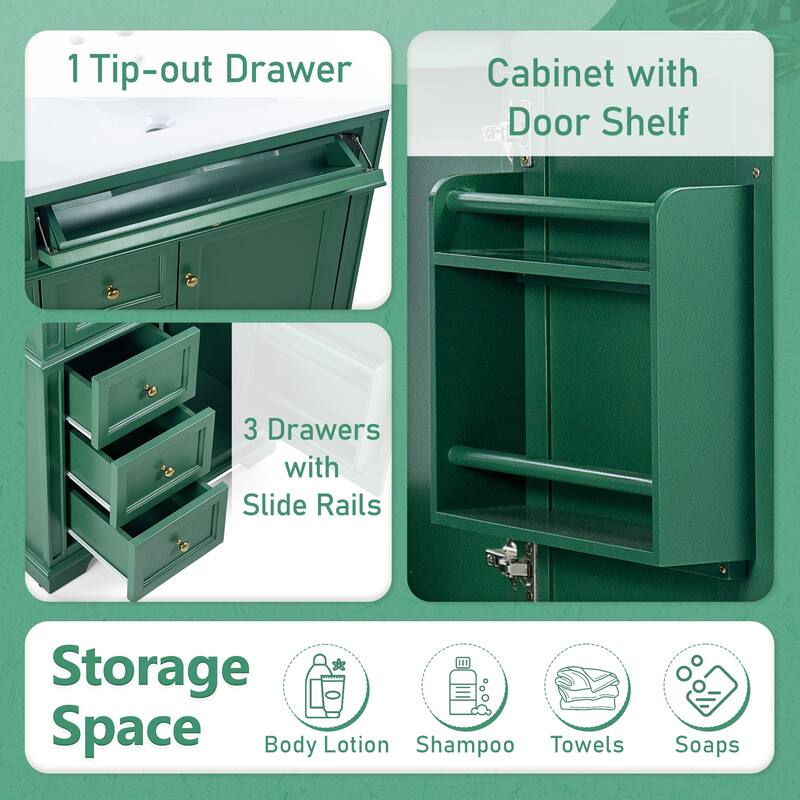 30" Bathroom Vanities with Ceramic Sink Set, Tip-Out Drawers, Storage Cabinet with Door Shelf and Soft-Closing Doors