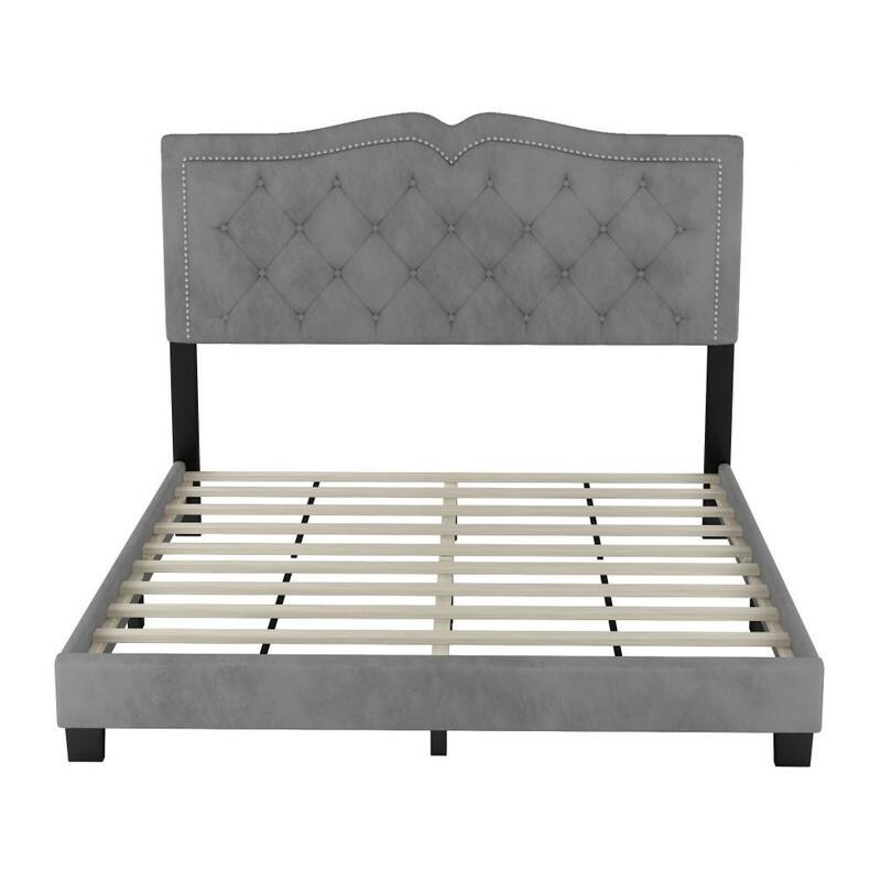 Velvet Upholstered Platform Bed with Tufted Headboard