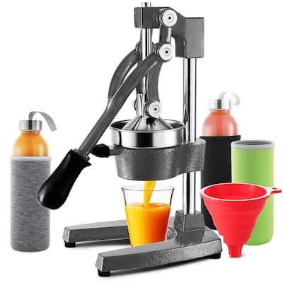 JoyTable Professional Manual Citrus Juicer Set - 7 PC Hand Press Juicer with 2 Glass Bottles, 3 Sleeves, and Silicone Funnel