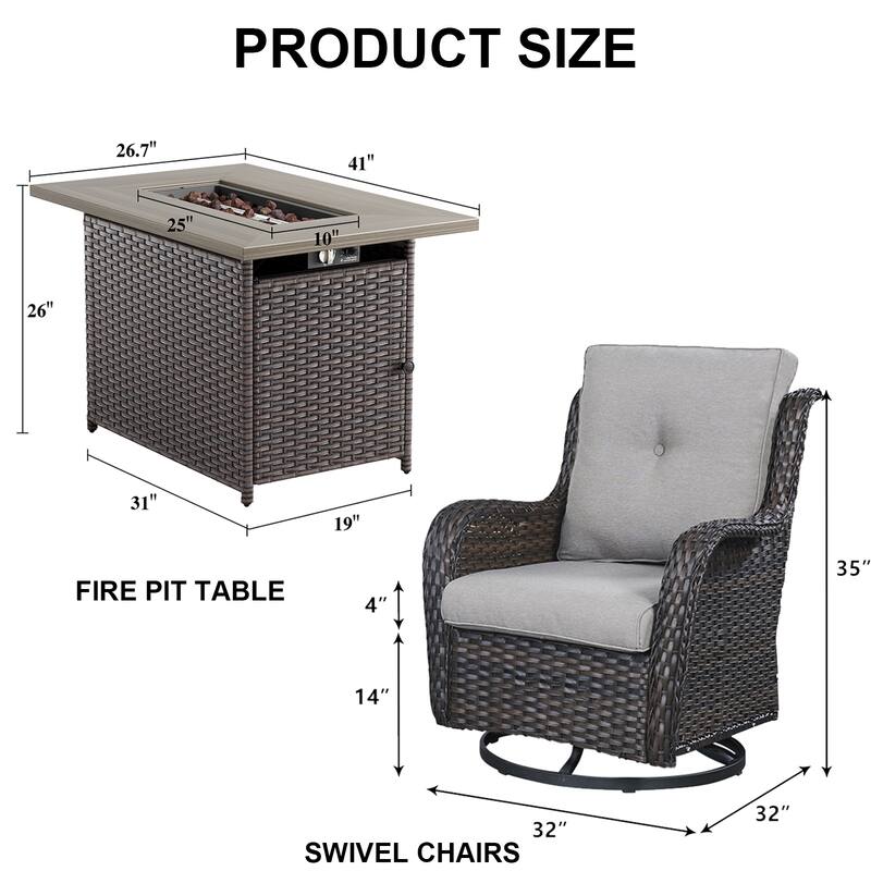 Patio Swivel Wicker Chair with Fire Pit Table - Brown