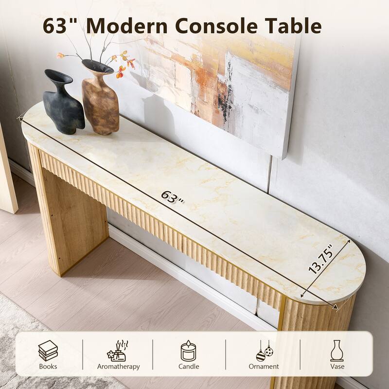 Modern 63" Fluted Console Table, Faux Marble Texture Top, Entry Table
