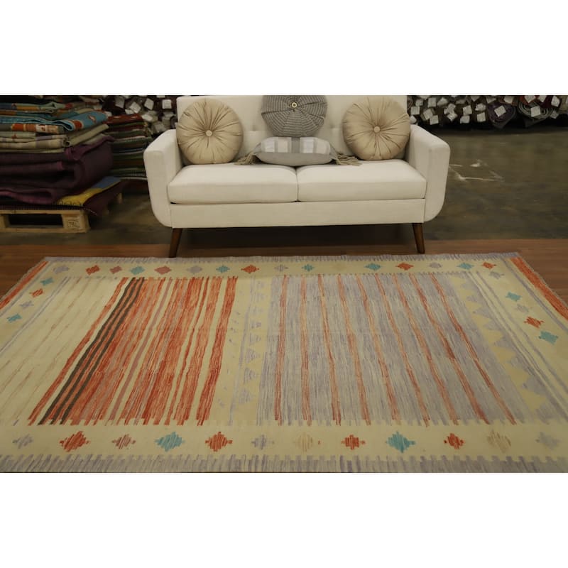 Hand Woven Oriental 100% Wool Carpet Southwestern Tribal Multi-Colored Kilim Area Rug - 8' 9'' X 5' 11''