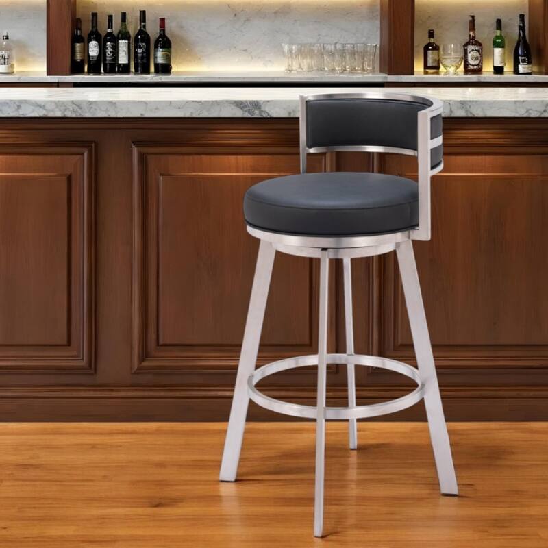 Modern 31-Inch Black & Silver Swivel Bar Stool – Faux Leather Low Back Bucket Seat with Footrest - 20.1" x 20.1" x 38.2"