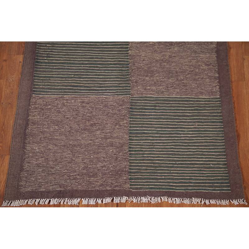 Striped Brown/ Green Kilim Oriental Area Rug Flatweave Wool Carpet - 3'5"x 5'1"