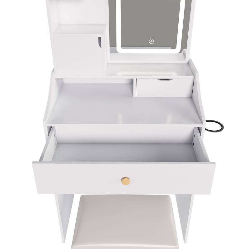 3-Color LED Vanity Mirror with Stool，Dressing Table for Bedroom, 2 Drawers & 5 Storage Cabinets (4 Open + 1 Hidden)
