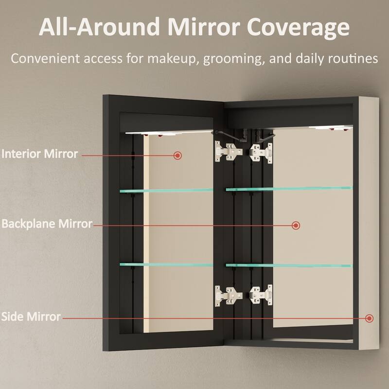 Grand Aluminum Medicine Cabinet with Mirror, Adjustable Shelves, Dimmable Light, Anti-Fog, Recessed or Wall Mount