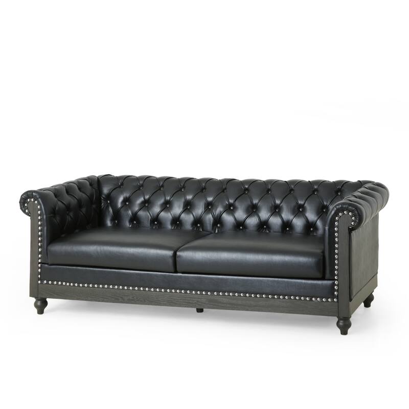 3-Seat Sofa with Wooden Legs, Retro Style, Black PU for Living Room and Study