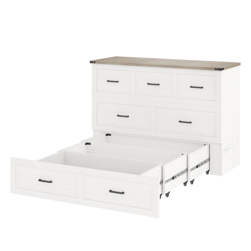 Full-Size Murphy Bed System - Wall Cabinet with USB Charging Station & Storage Drawer, Convertible Guest Bed for Small Rooms