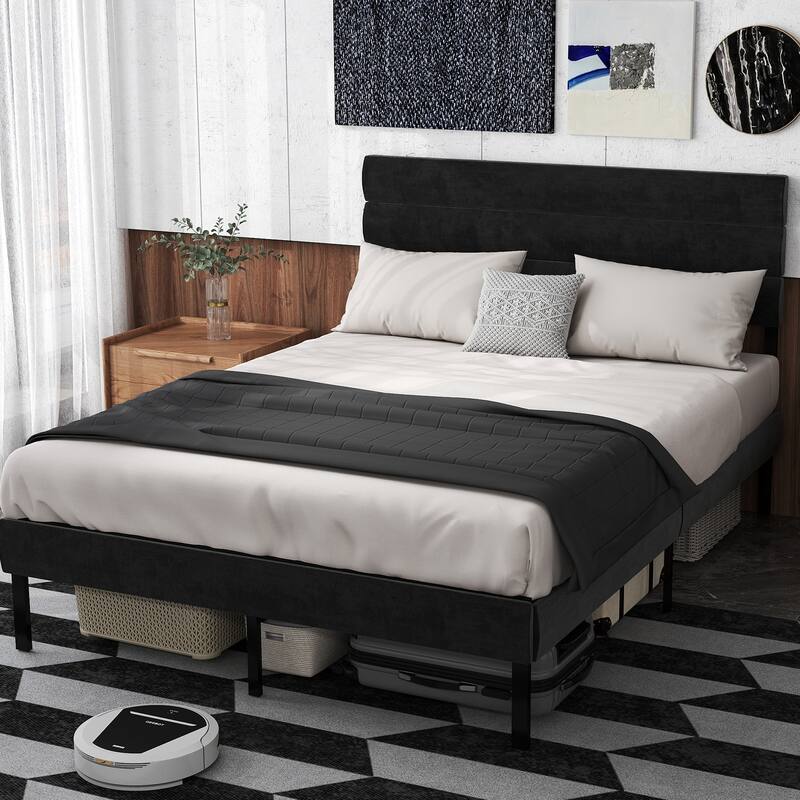 Queen Size Upholstered Platform Bed Frame - With Headboard, No Box Spring Needed, 14" Underbed Storage​