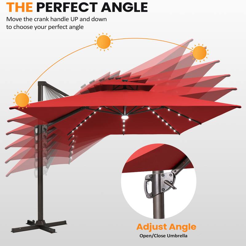 VredHom Solar LED Light 11FT Square Outdoor Cantilever Patio Umbrella without Base
