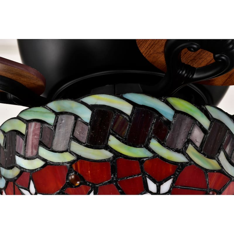 Chergo 52-Inch Flushmount Lighted Ceiling Fan Red Flower Tiffany Glass Lamp Black Finish
