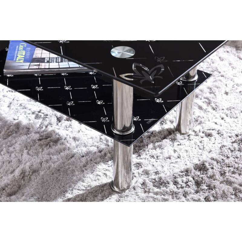 39.25" Black and Silver Tempered Glass Coffee Table