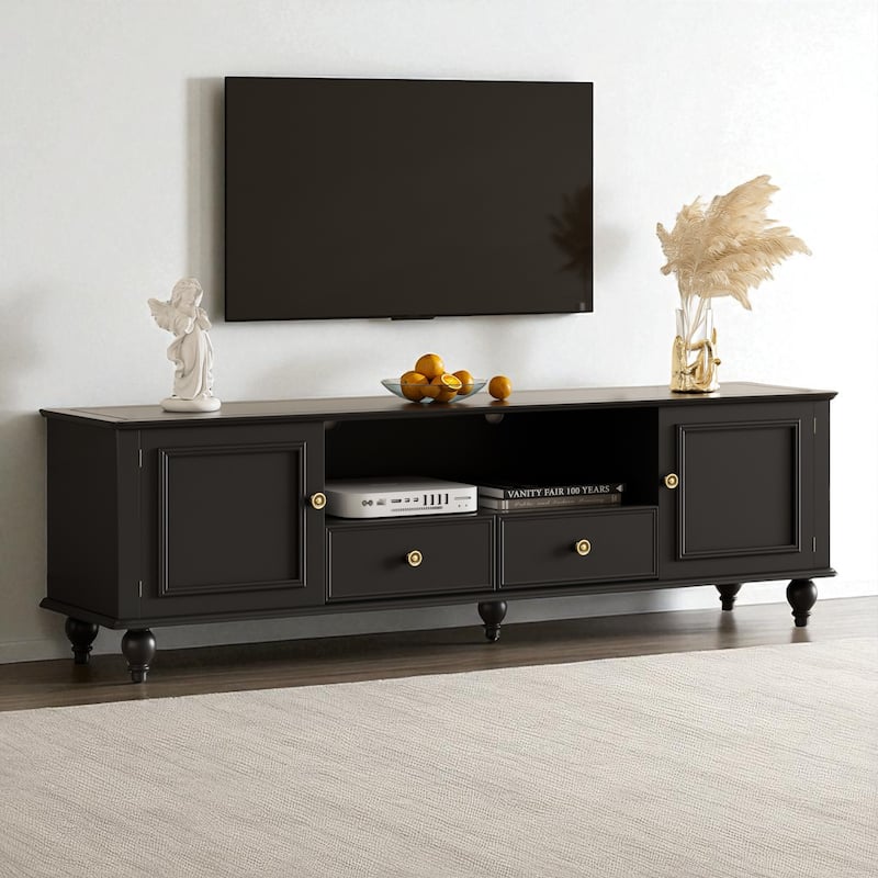 70.9" Modern TV Stand for TVs up to 80", Entertainment Center with 2 Cabinets, 2 Drawers, Open Shelf, Solid Wood Legs
