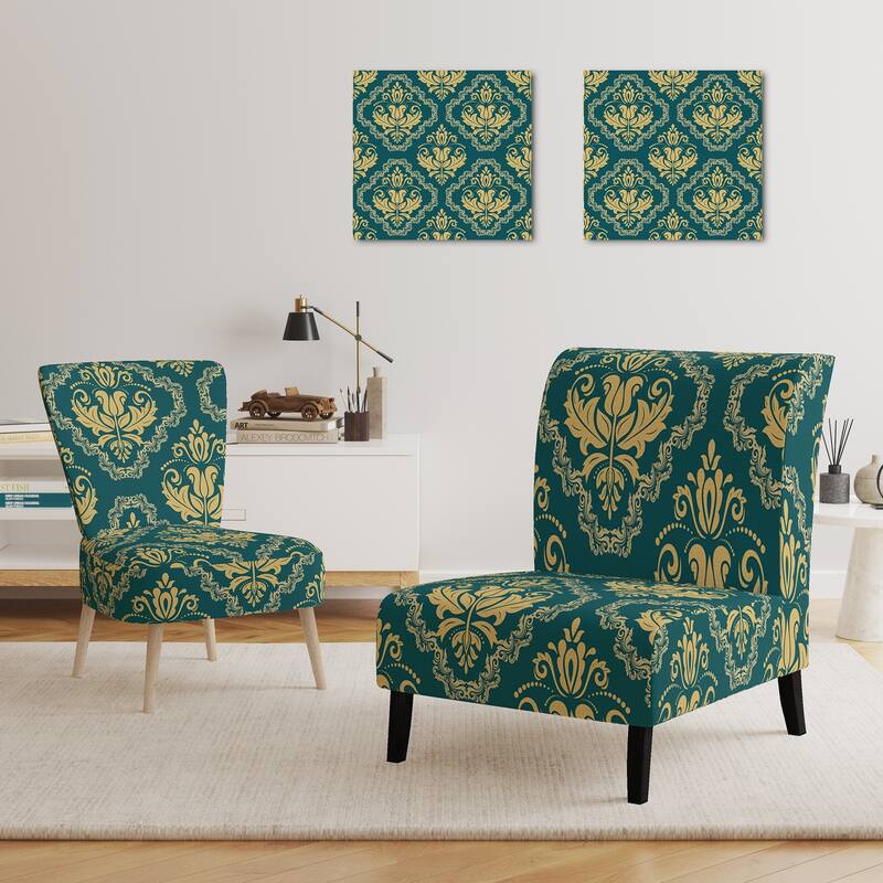 Designart "Green Orient Damask" Upholstered Patterned Accent Chair and Arm Chair