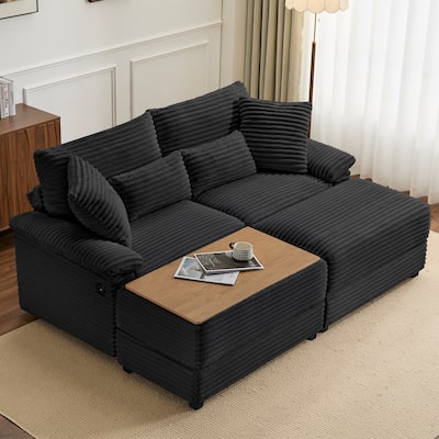 Compact Lounge Sectional Sofa Couch with Storage Ottoman, 74"W Corduroy Loveseat with Chaise, USB Ports for Small Spaces