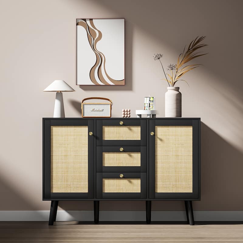 Anmytek Modern Wood Rattan Black Buffet Sideboard Accent Storage Cabinet with 3 Drawers and 2 Doors