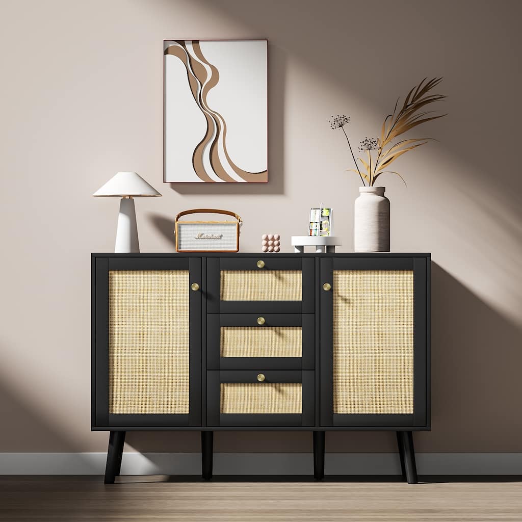 Anmytek Modern Wood Rattan Black Buffet Sideboard Accent Storage Cabinet with 3 Drawers and 2 Doors