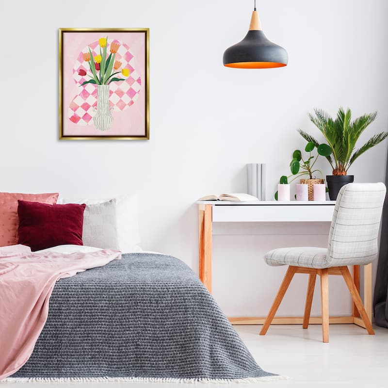 Stupell Yellow Tulip Vase on Checkered Framed Floater Canvas Wall Art Design By Ziwei Li