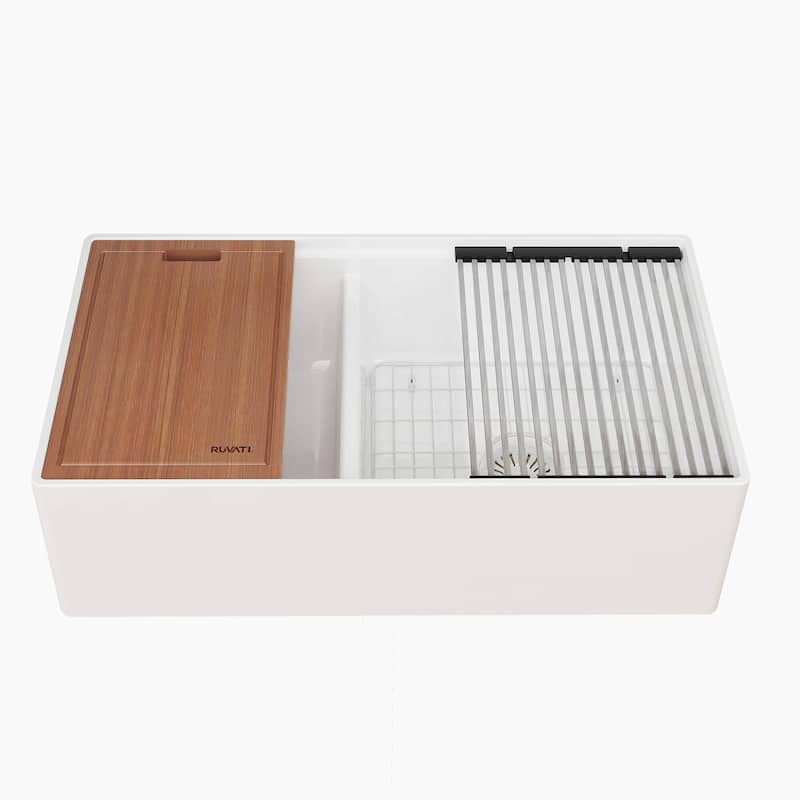 Ruvati 33 inch Fireclay Workstation White Farmhouse Kitchen Sink Apron Front Double Bowl - RVL2382WH - 30 x 18