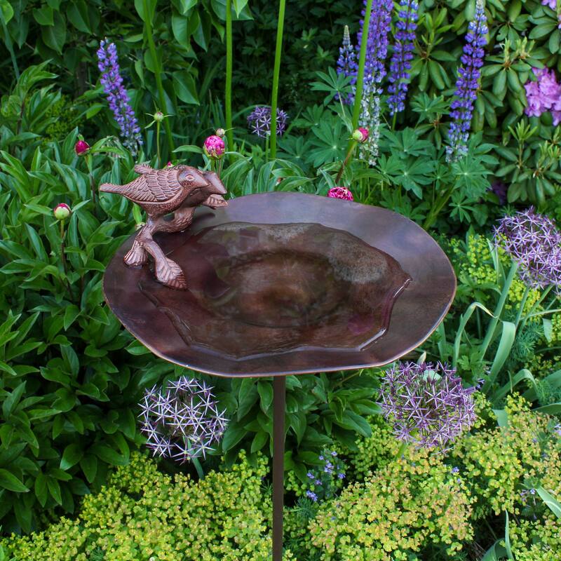 Achla Designs Antiqued Birdbath w/Birds and Stake, 13 Inch Diameter, Antique Patina
