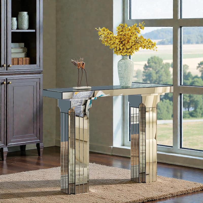 Silver Mirrored Console Table with Rectangular T-Base, Modern Entryway Table for Living Room & Hallway Decor