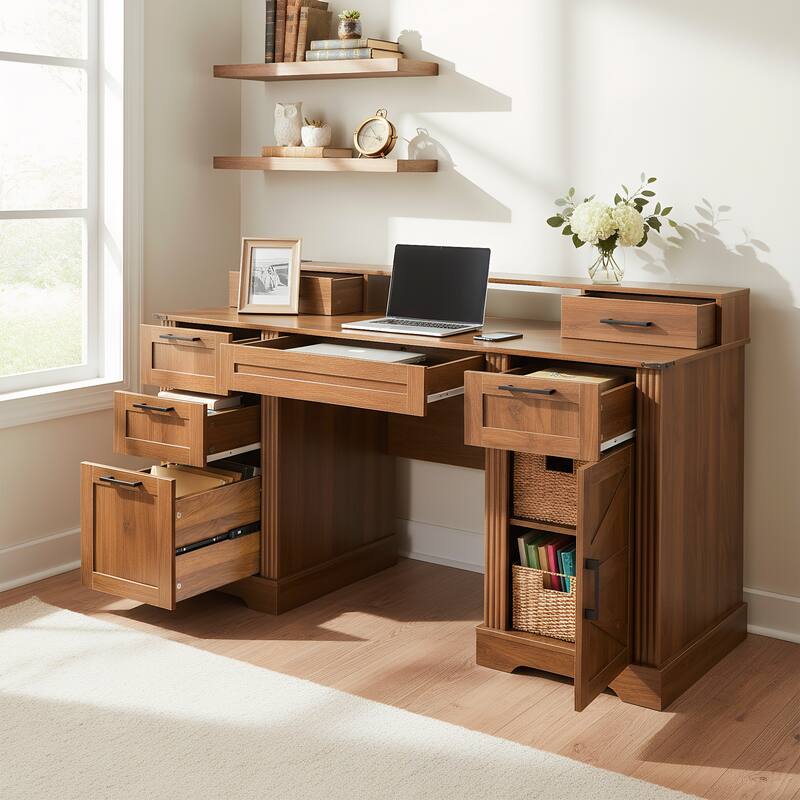59" Farmhouse Office Desk with Charging Station, Barn Door, File Drawer & Monitor Stand