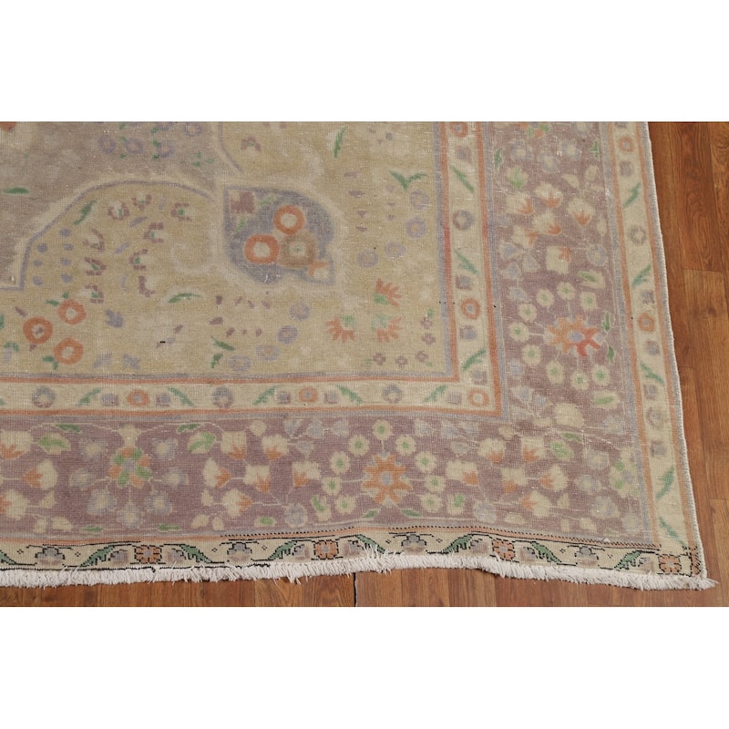 Distressed Brown Tabriz Persian Area Rug Hand-Knotted Wool Carpet - 9'8"x 12'11"