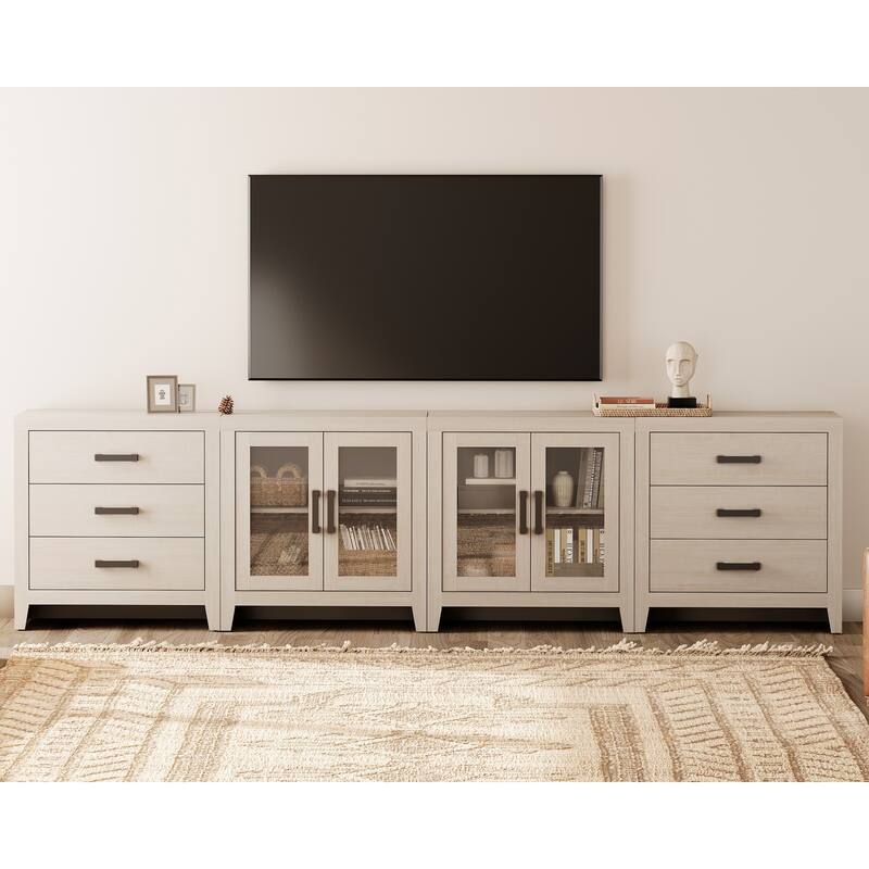 WAMPAT Extra Wide 126" Farmhouse TV Stand, Wood Media Console with 6 Drawers & 2 Glass Cabinets - Beige
