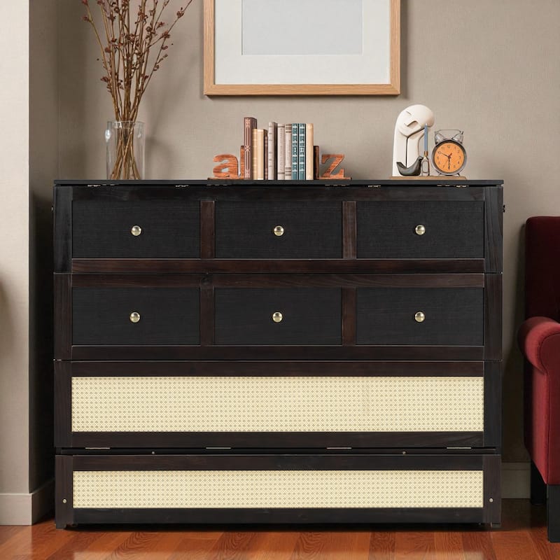 Full Size Murphy Bed with Large Storage Drawers, Space-Saving Foldable Wall Bed with Elegant Front Design - Espresso - Full