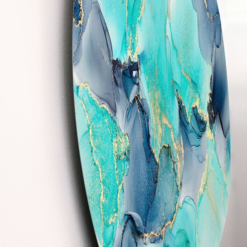 Designart 'Turquoise Luxury Abstract Fluid Art IV' Modern Metal Circle Wall Art Bed Bath