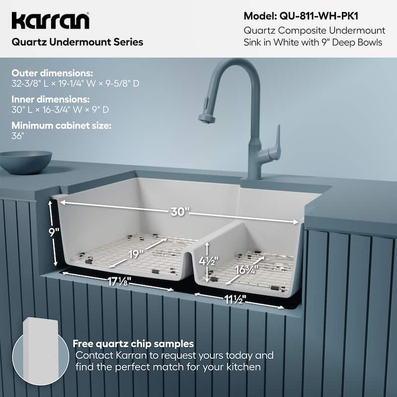 Karran 32" Undermount Large/Small Bowl Quartz Kitchen Sink Kit - 32" x 21.25" x 9"