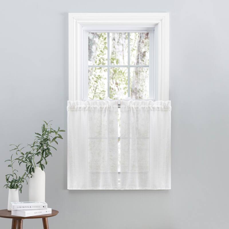 Shannon Premium Linen Rod Pocket W Header Kitchen Curtains - Tier, Swag or Tailored Valance (Sold Separately) - 52"W x 24"L Tier Pair - White