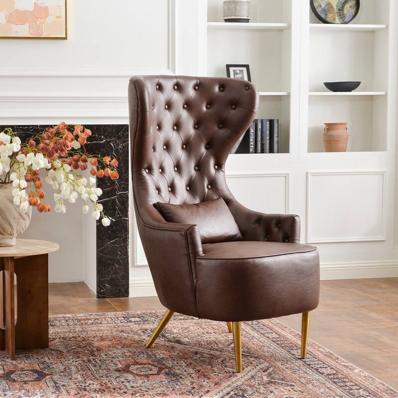 KINWELL Upholstered Tufted Faux Leather Wingback Chair PU Accent Chair - Dark Brown - Set of 1
