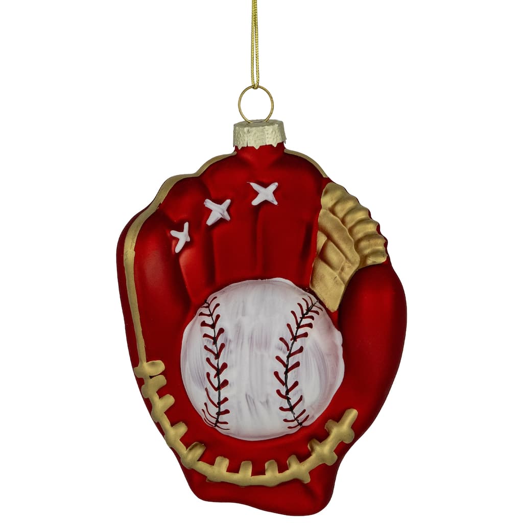 Baseball Mitt with Ball Glass Christmas Ornament - 4" - Red