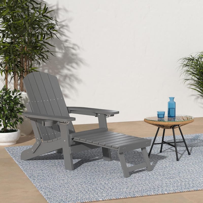 WINSOON All Weather HIPS Folding Adirondack Chair with Ottoman, 5-Gear Adjustable Backrest and Retractable Ottoman Set of 4