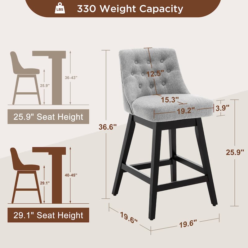 26"/29" Upholstered Swivel Counter and Bar Height Stools Solid Wood Frame (Set of 4)