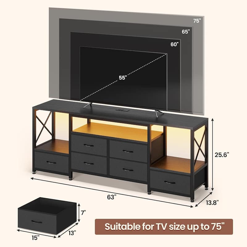 TV Stand with LED Lights Power Outlets Dresser Fabric Drawers Entertainment Center