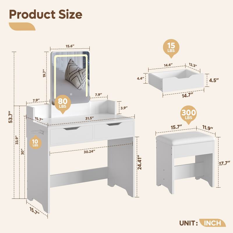 Bestier Vanity Set with Mirror and Lights,Vanity Desk with Drawers,Makeup Table with Light Modes & Hair Dryer Holde