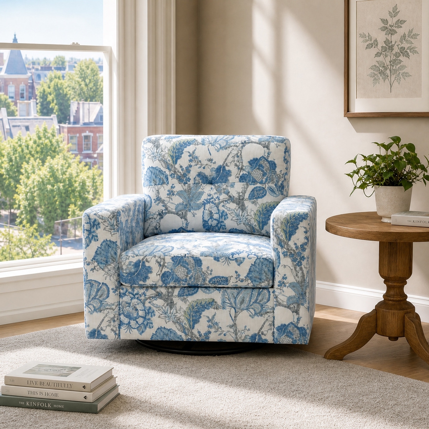 Floral 360° Swivel Accent Chair with Square Arms