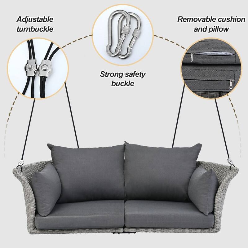 2-Person Hanging Seat, Rattan Woven Swing Chair, Porch Swing W/Cushion