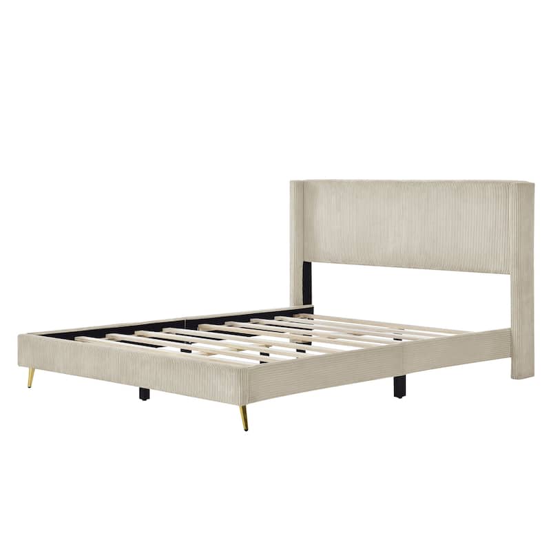 Corduroy Platform Bed with Metal Legs - Beige