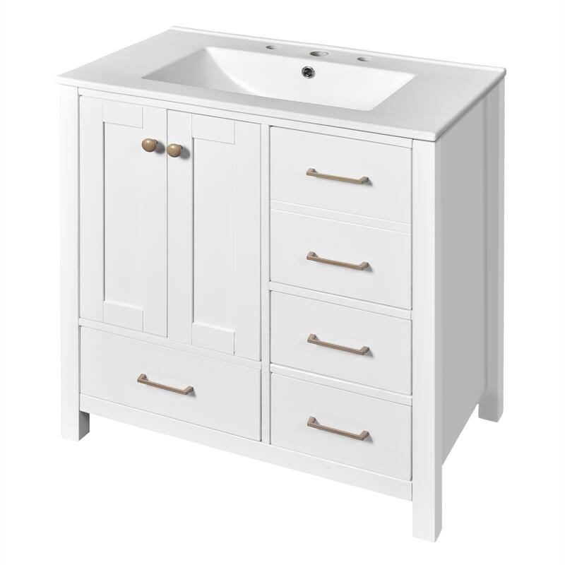 Roomfitters 30" Vanity with Ceramic Sink, Freestanding Cabinet with 4 Drawers and Soft Closing Doors, White