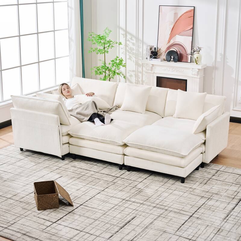 U-Shaped Modular Sectional Sofa, Comfy Deep Seat Cloud Couch with 2 Movable Ottomans, Large 4 Seat Sofa with Pillows