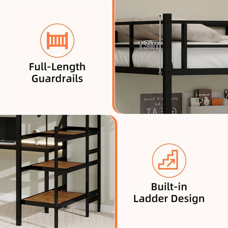 GDFStudio - Iron Loft Bed with L-Shaped Desk & Storage Stairs