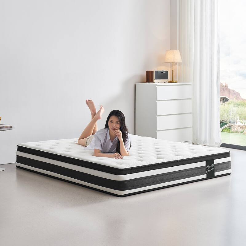 GDFStudio - Elowen 12 Inch Hybrid Memory Foam and Pocket-Spring Mattress with Euro-Top Comfort - White - Full - Medium
