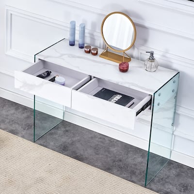 Roomfitters White Vanity Desk with Storage and Drawers, Modern Computer Table for Bedroom and Home Office, White