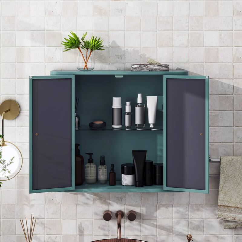 Black Wall-Mounted Bathroom Cabinet with Mirror, 2 Mirrored Doors & Open Shelf, Farmhouse Metal Frame Storage Cabinet