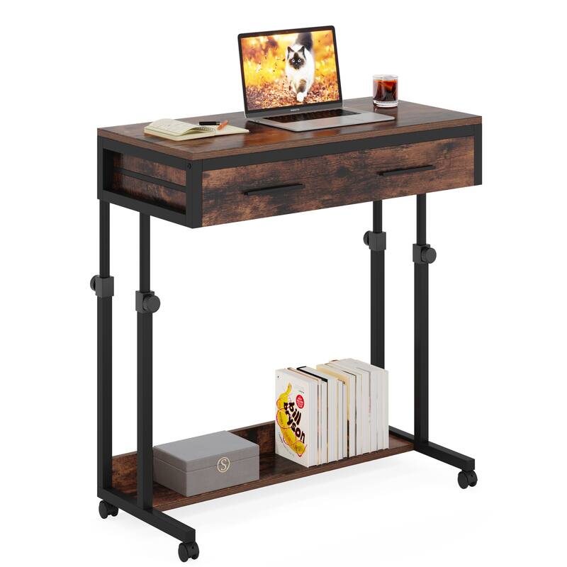 Portable Mobile Laptop Desk with Drawers, Rolling Standing Sofa Side Table for Home Office