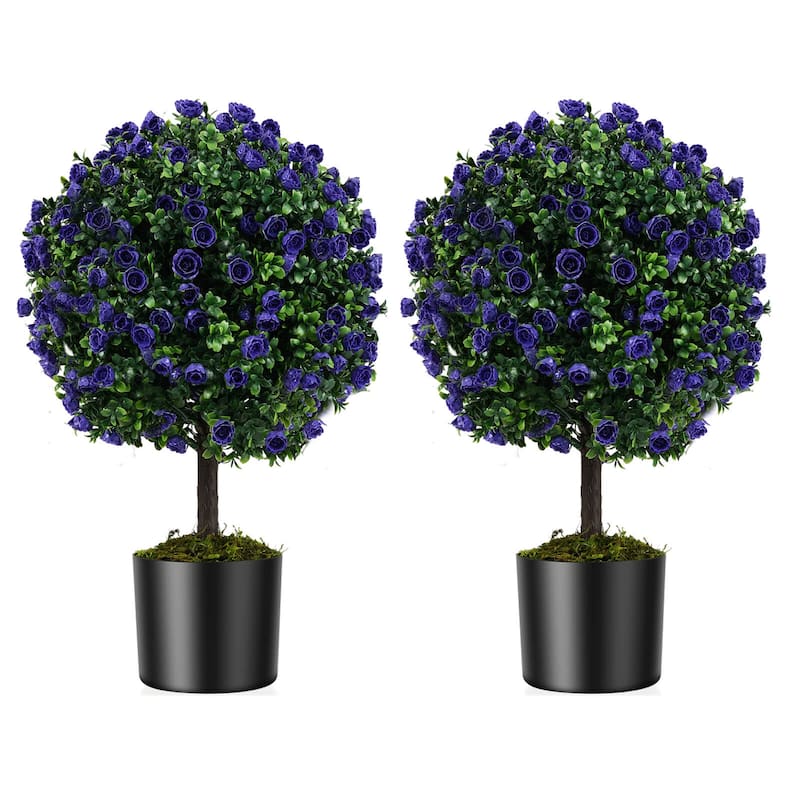 Artificial Purple Rose Topiary Ball Tree Artificial Shrubs Bushes - Green & Purple - Green & Purple