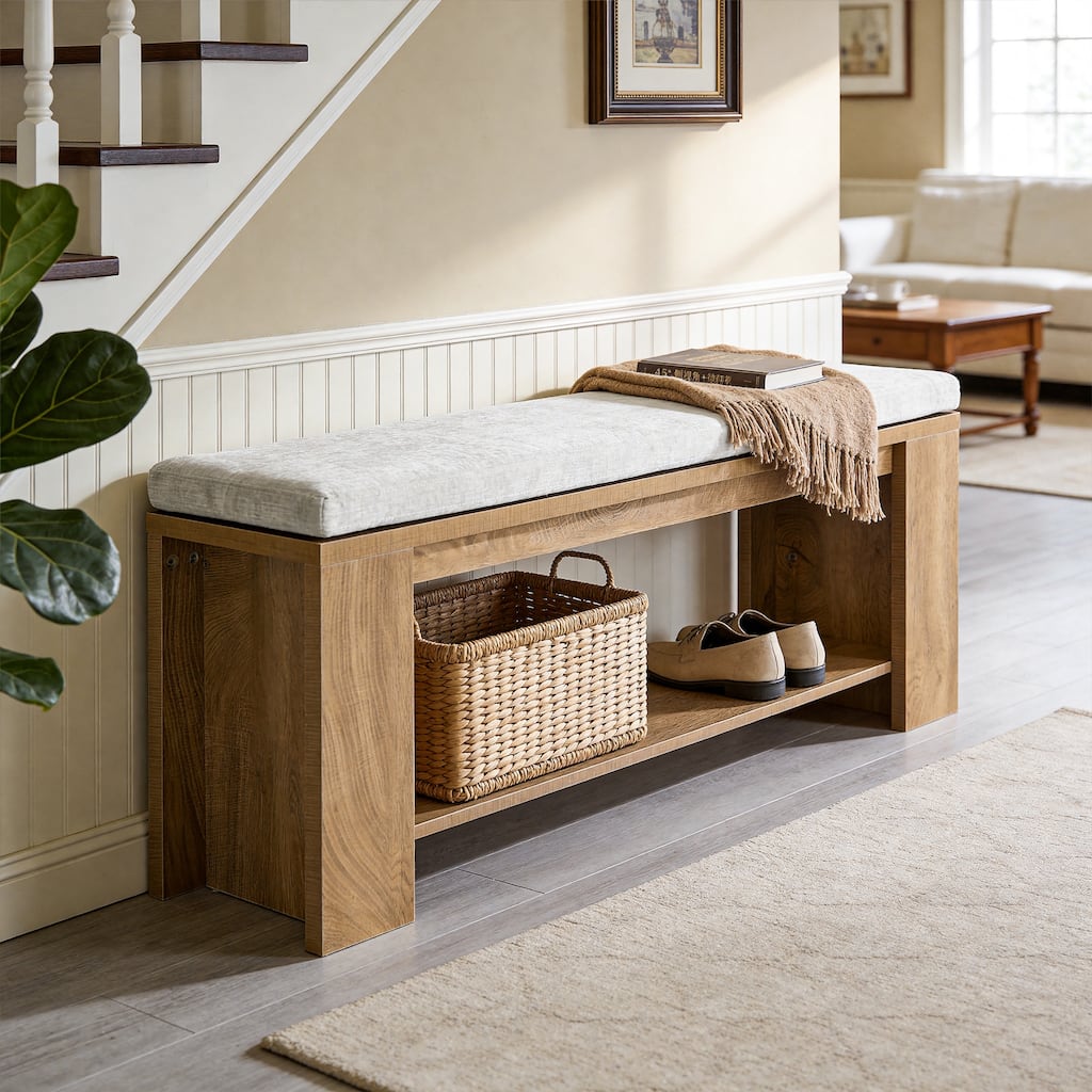 47-Inch Upholstered Bench, Wooden End of Bed Bench with Padded Seat and MDF Frame